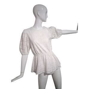 TopShop Women's size S Eyelet‎ Cotton Puff Sleeve Peplum Cottagecore Dainty Top
